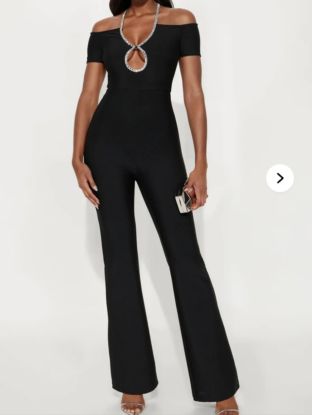 Fashion Nova Black Off-Shoulder Rhinestone Halter Keyhole Jumpsuit